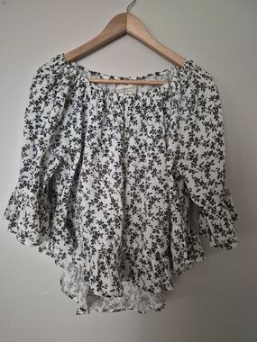 Denim & Supply Ralph Lauren Black and White Floral Off-Shoulder Blouse